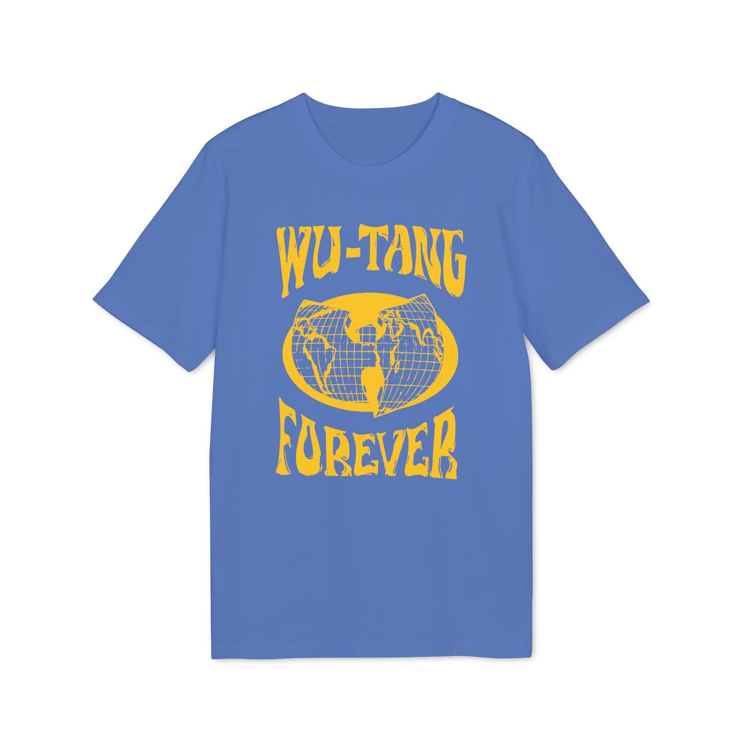 Blue t-shirt with yellow Wu-Tang Forever graphic and globe design.