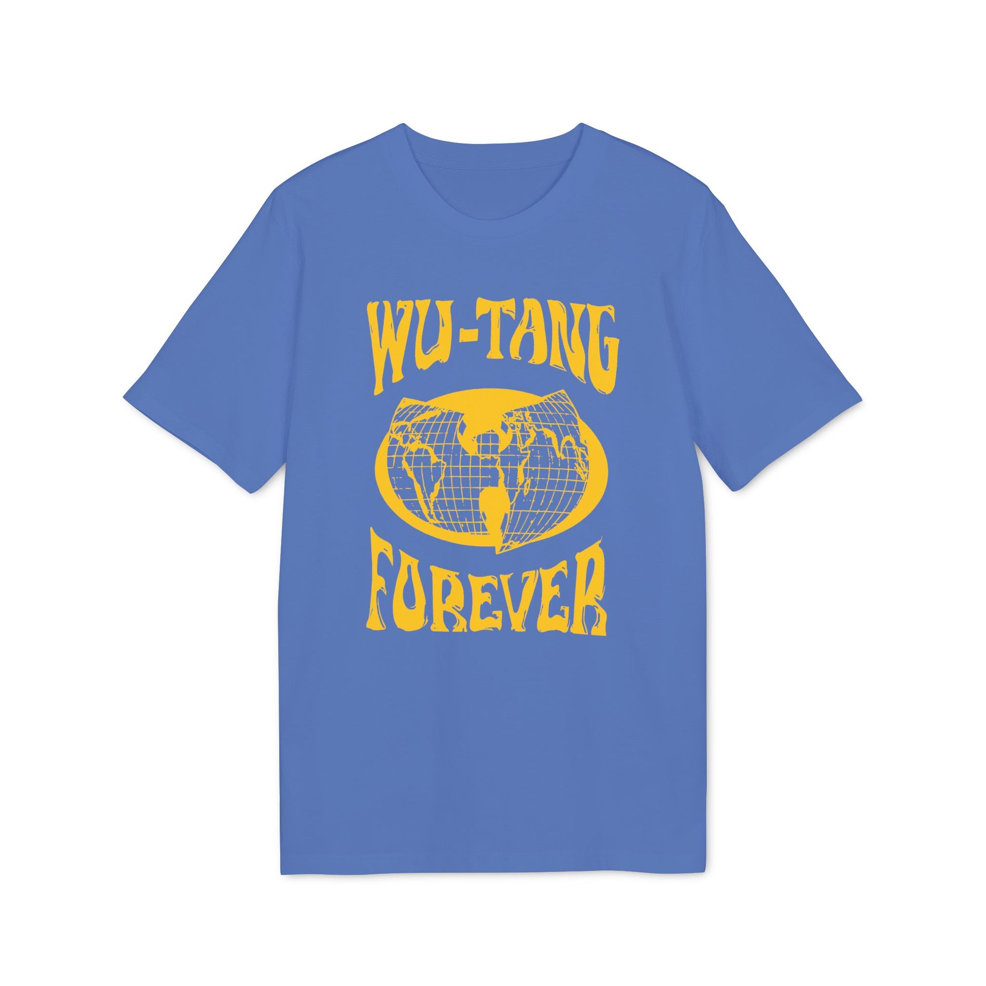 Blue t-shirt with yellow Wu-Tang Forever graphic and globe design.