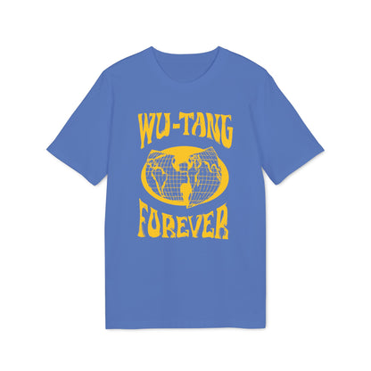 Blue t-shirt with yellow Wu-Tang Forever graphic and globe design.