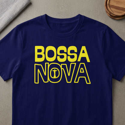 Navy t-shirt with yellow text "BOSSA NOVA" and a graphic of Christ the Redeemer statue.