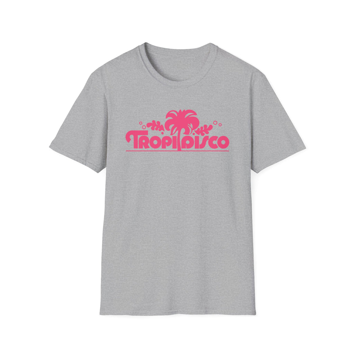Gray t-shirt with pink "Tropi Disco" text and palm tree graphic.