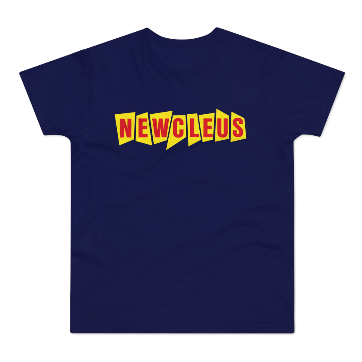 Navy t-shirt with red text "NEWCLEUS" in yellow geometric shapes.