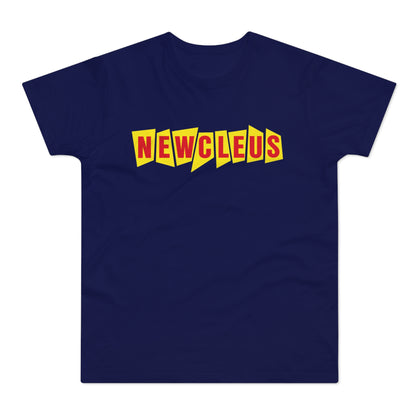 Navy t-shirt with red text "NEWCLEUS" in yellow geometric shapes.