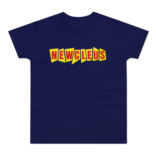 Navy t-shirt with red text "NEWCLEUS" in yellow geometric shapes.