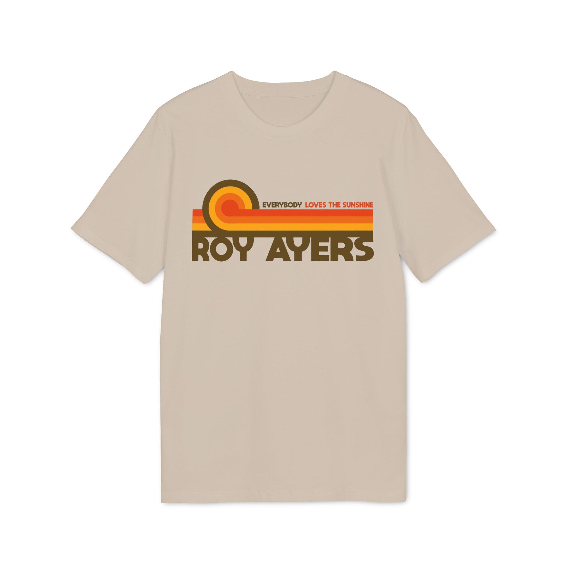 Light tan t-shirt with brown and orange Roy Ayers logo and text.