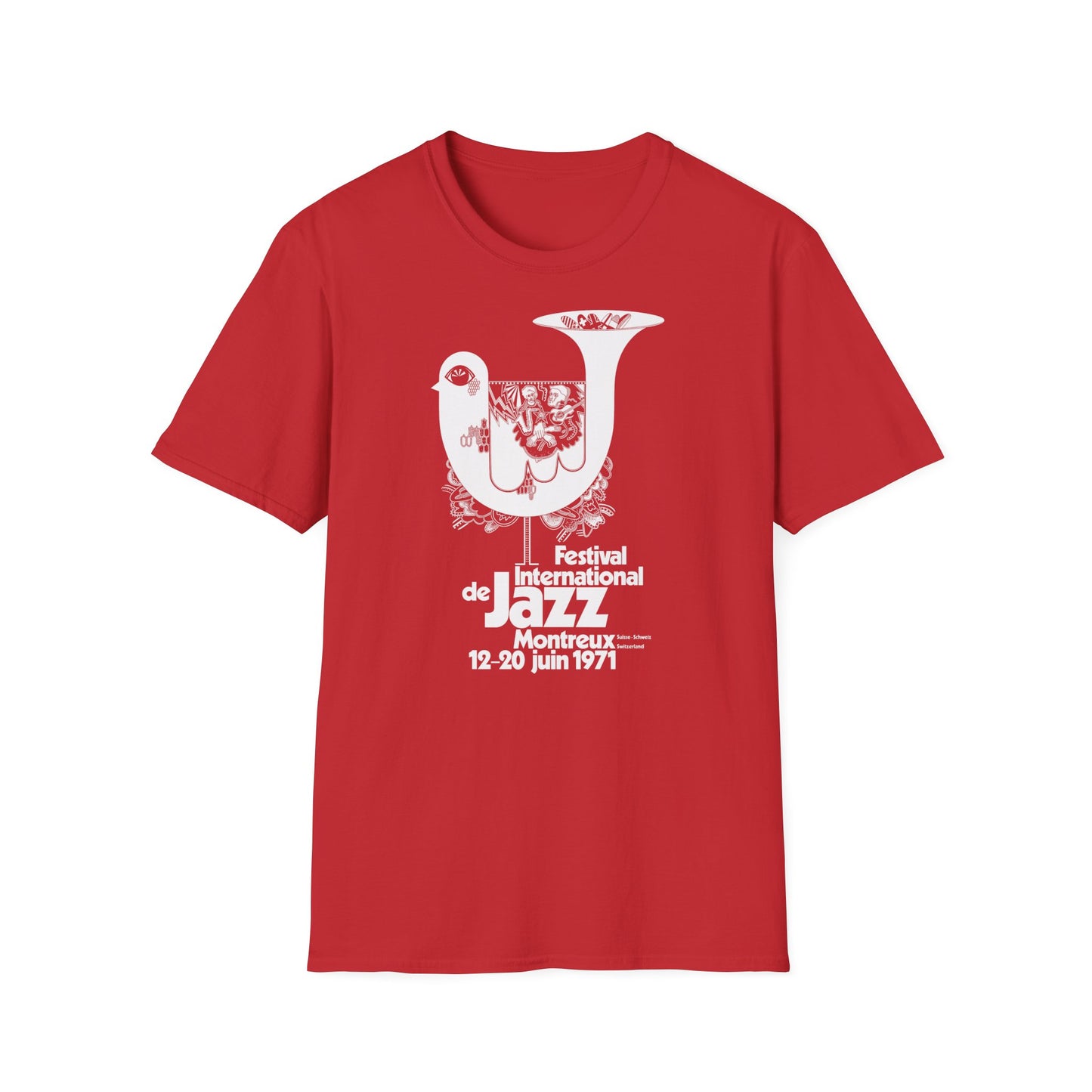Red t-shirt with white graphic for Festival International de Jazz Montreux 1971.
