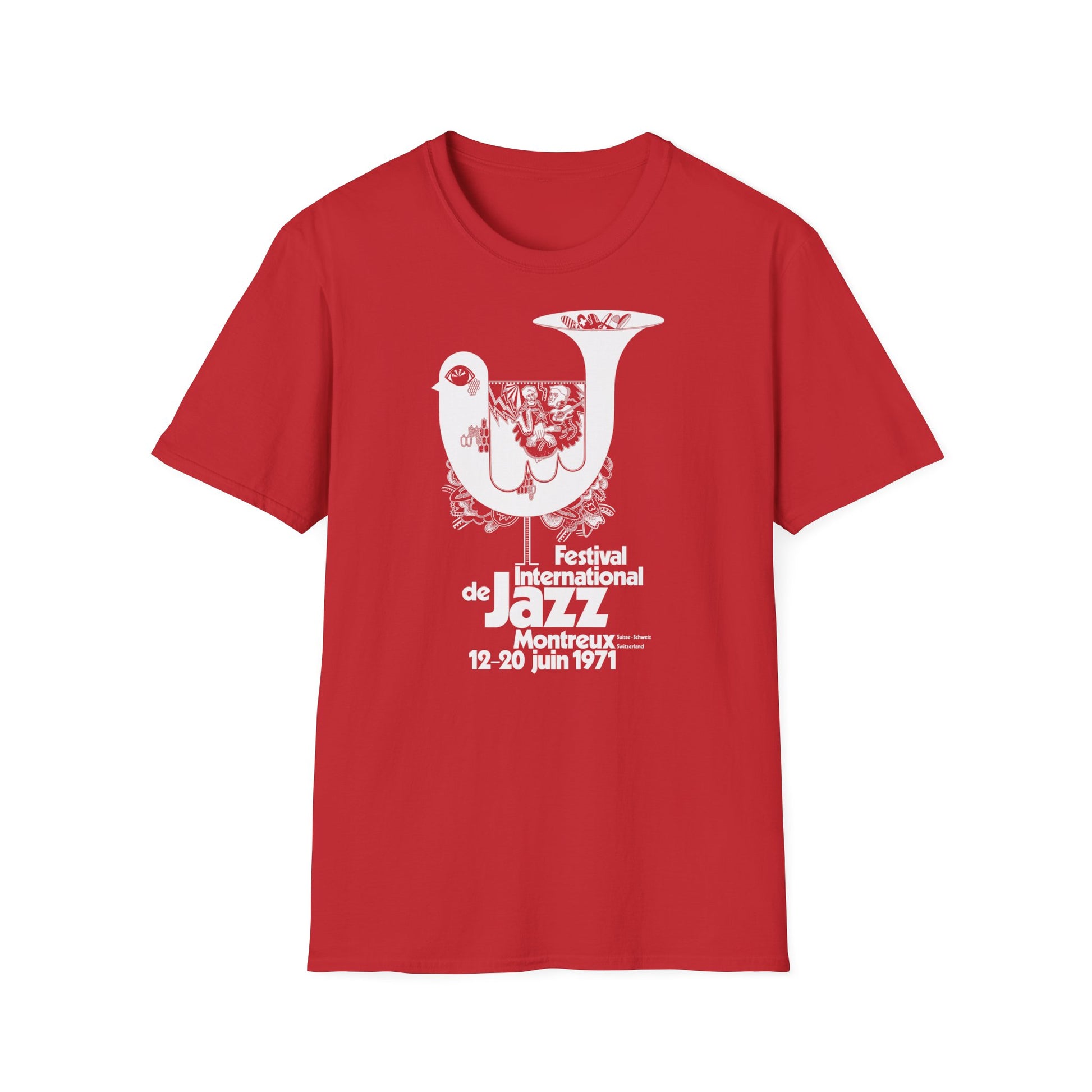 Red t-shirt with white graphic for Festival International de Jazz Montreux 1971.