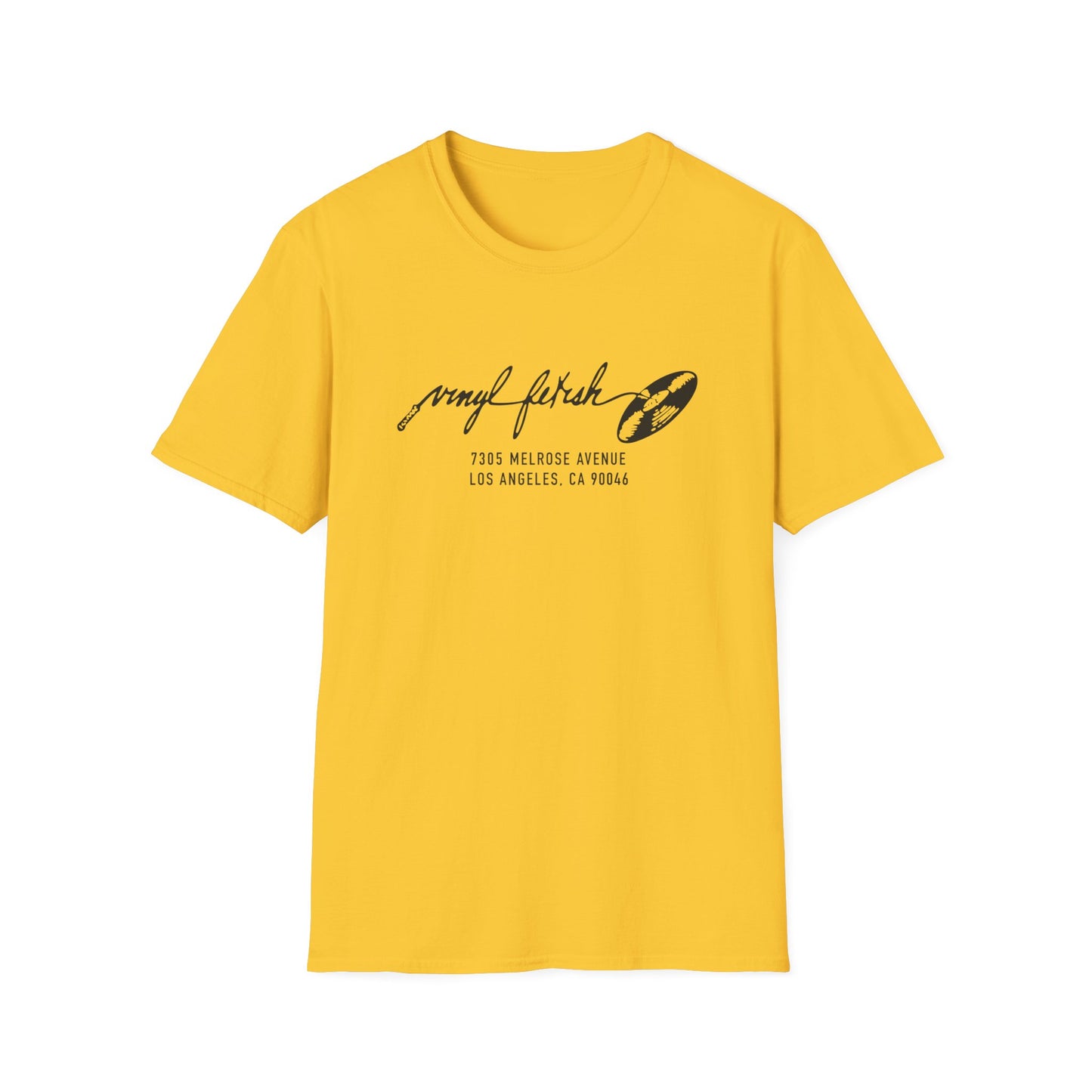 Yellow t-shirt with black "Vinyl Fetish" text and record graphic.