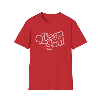 Red t-shirt with white text: "The Queen of Soul Aretha Franklin".