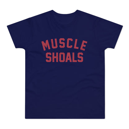 Navy t-shirt with "MUSCLE SHOALS" in red collegiate-style lettering.