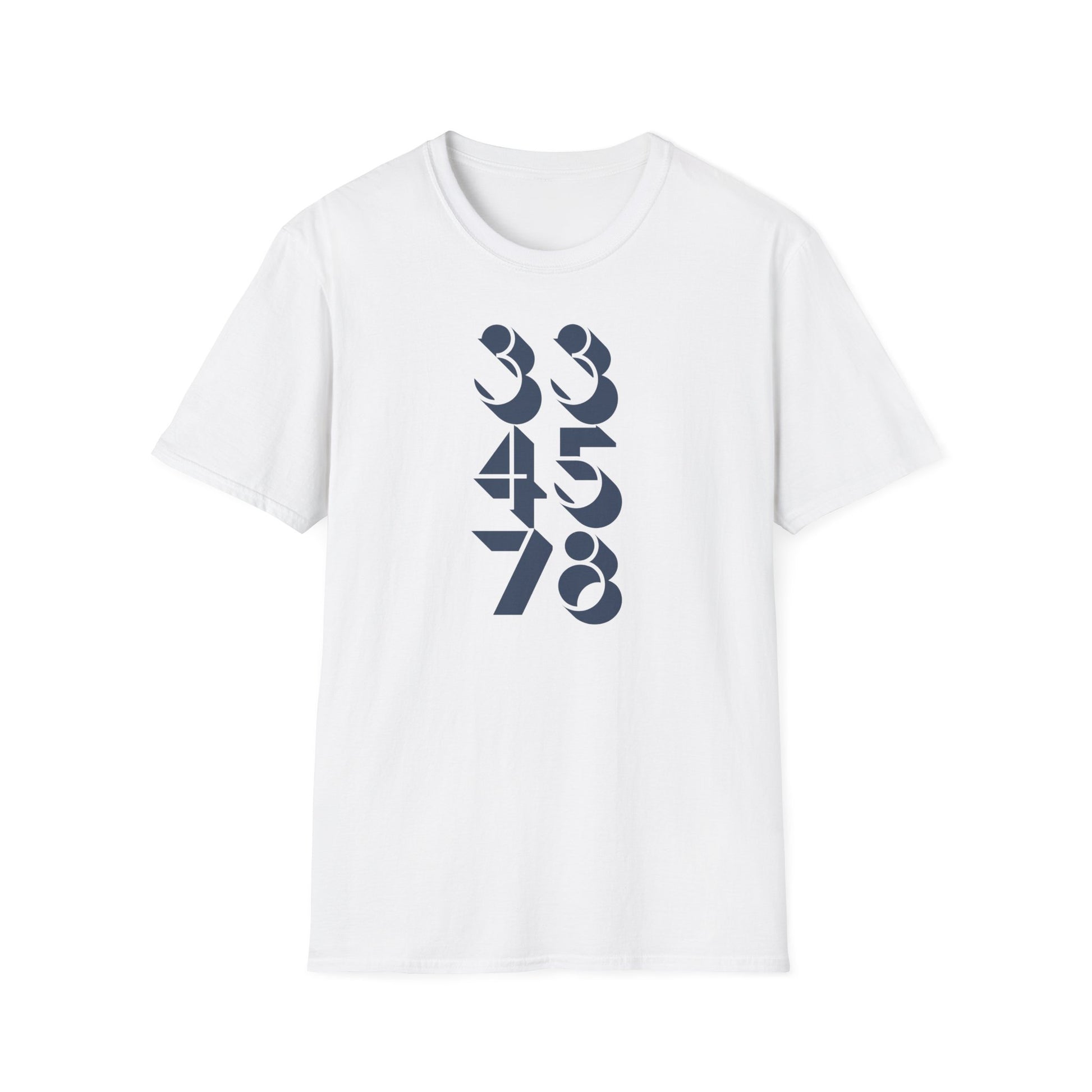 White t-shirt with navy blue numbers 33, 45, and 78 stacked vertically.