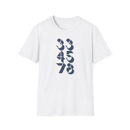 White t-shirt with navy blue numbers 33, 45, and 78 stacked vertically.