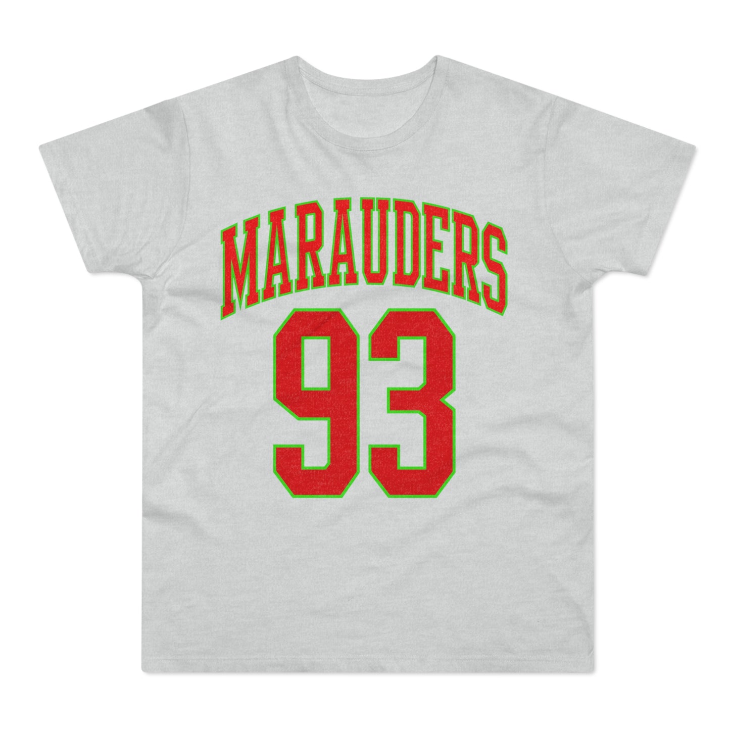 Light gray t-shirt with red "MARAUDERS" and green-bordered red "93" graphic.