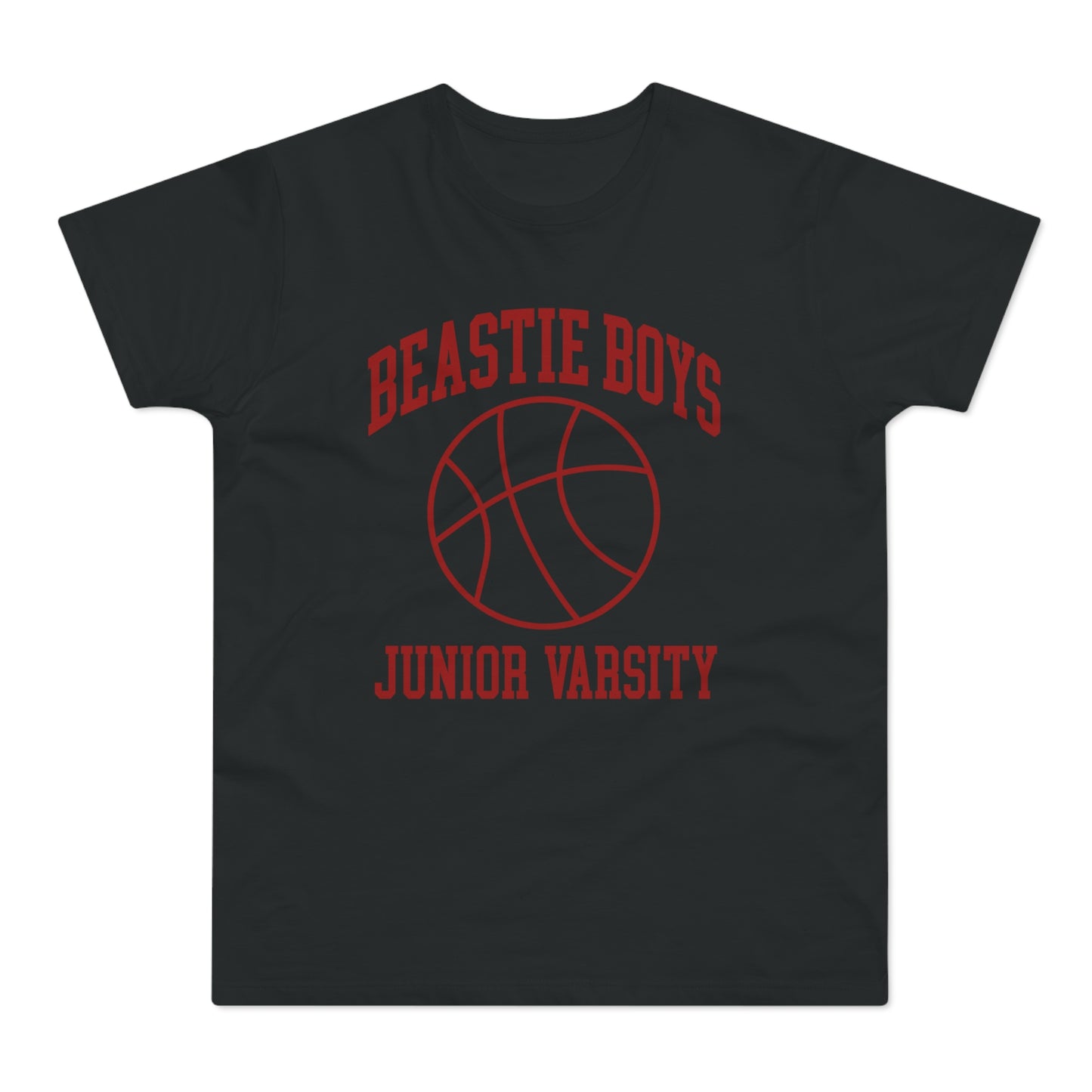 Black t-shirt with red "Beastie Boys Junior Varsity" text and a basketball graphic.