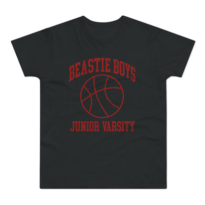 Black t-shirt with red "Beastie Boys Junior Varsity" text and a basketball graphic.