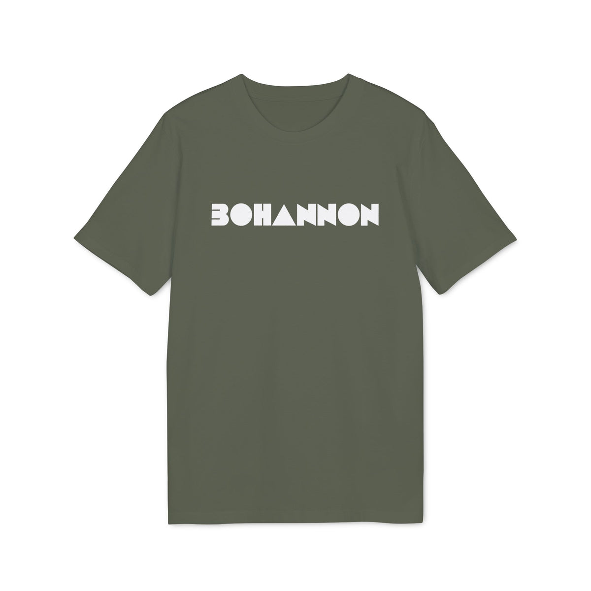 Olive green t-shirt with white BOHANNON text and geometric shapes.