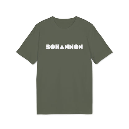 Olive green t-shirt with white BOHANNON text and geometric shapes.