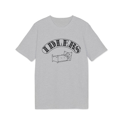 Grey t-shirt with black print of a person in bed and text "IDLERS".
