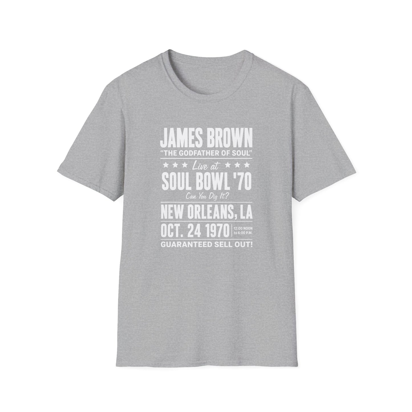 James Brown Soul Bowl '70 New Orleans Oct. 24 1970 t-shirt.