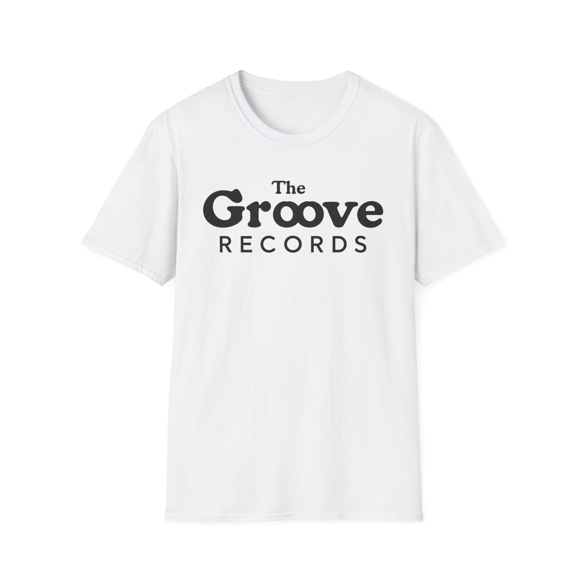 White t-shirt with "The Groove Records" text logo in black.