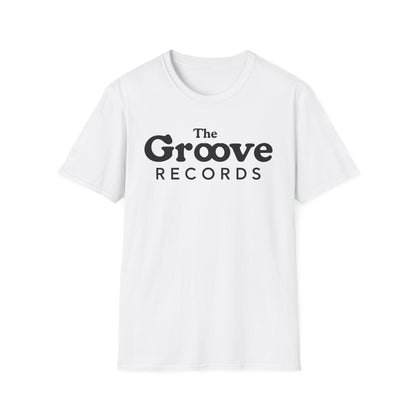 White t-shirt with "The Groove Records" text logo in black.