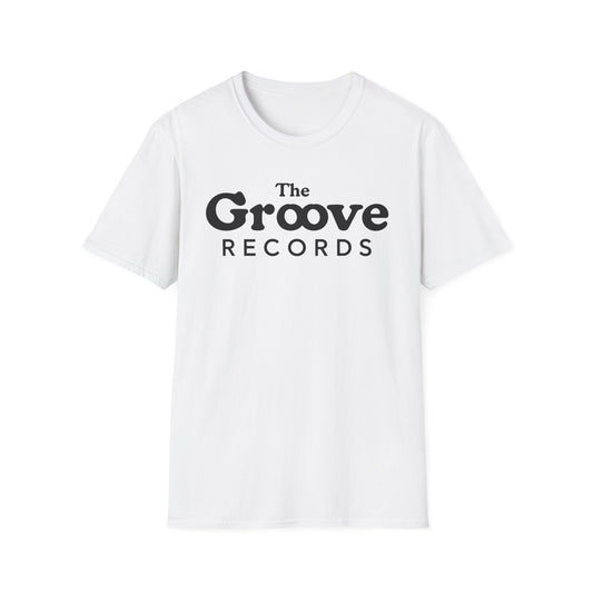 White t-shirt with "The Groove Records" text logo in black.