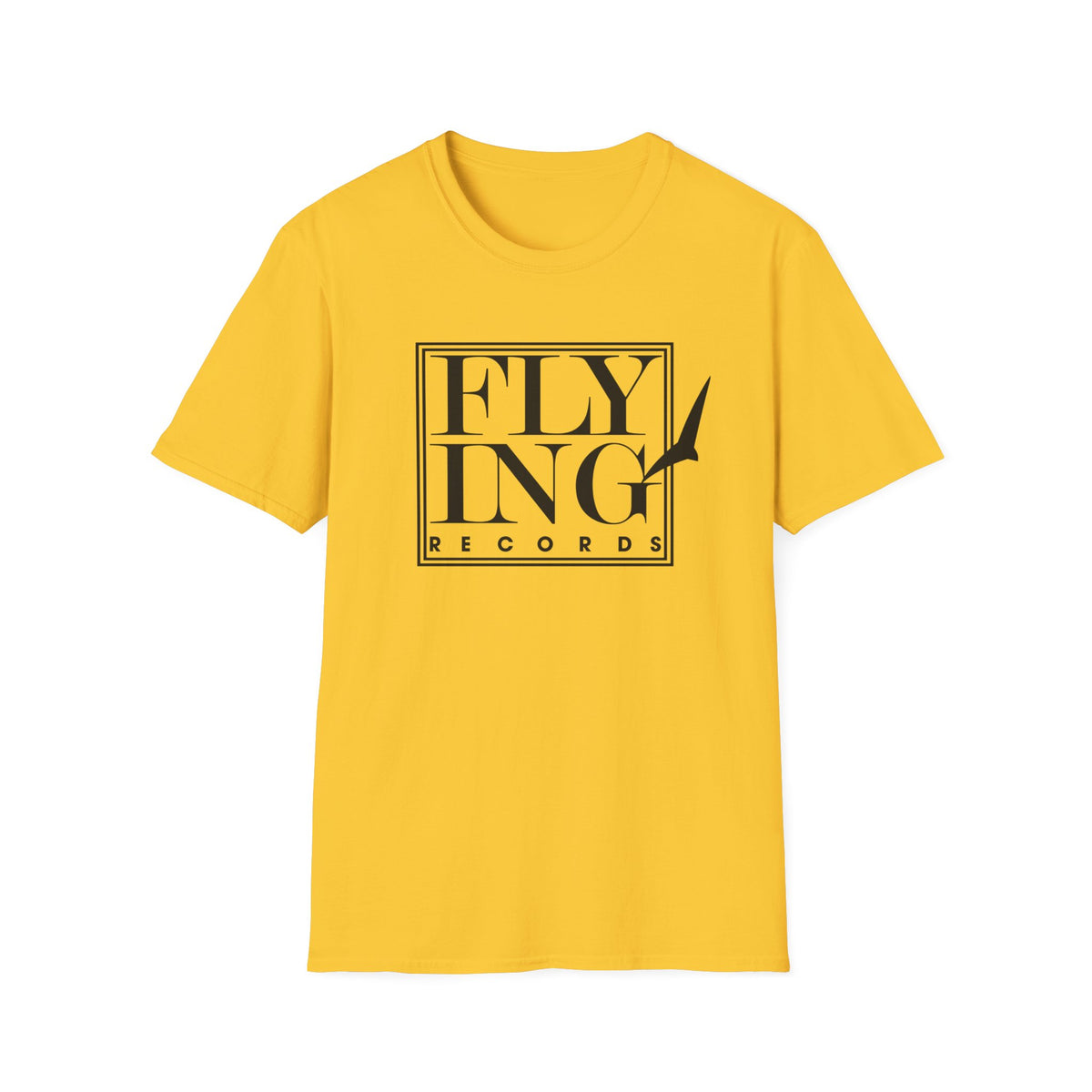 Yellow t-shirt with black "FLYING RECORDS" text and bird graphic.