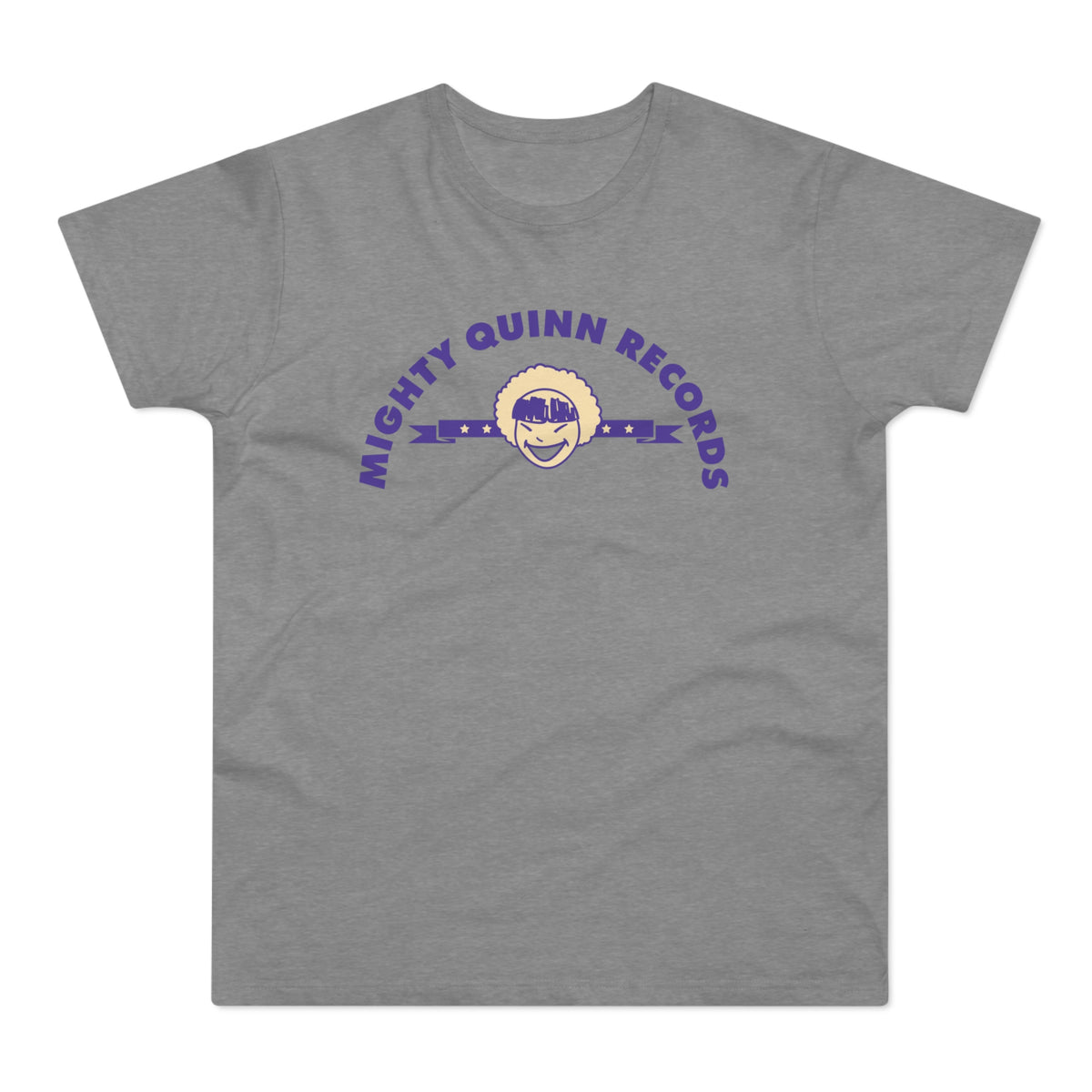 Grey t-shirt with purple Mighty Quinn Records logo and smiling face graphic.