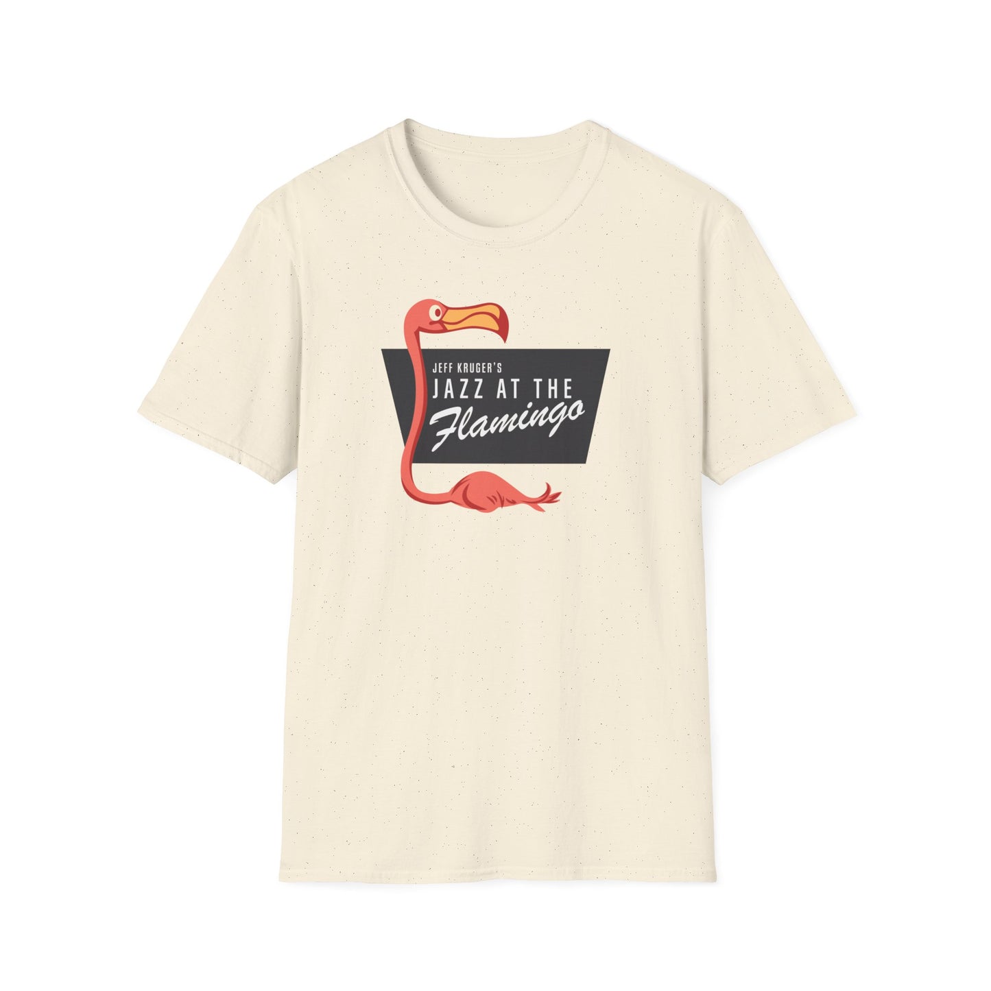 T-shirt with a flamingo graphic and the words "Jeff Kruger's Jazz at The Flamingo".