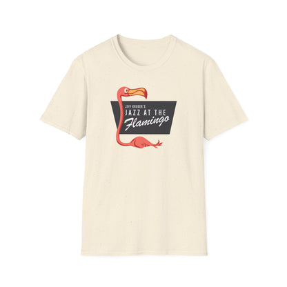 T-shirt with a flamingo graphic and the words "Jeff Kruger's Jazz at The Flamingo".