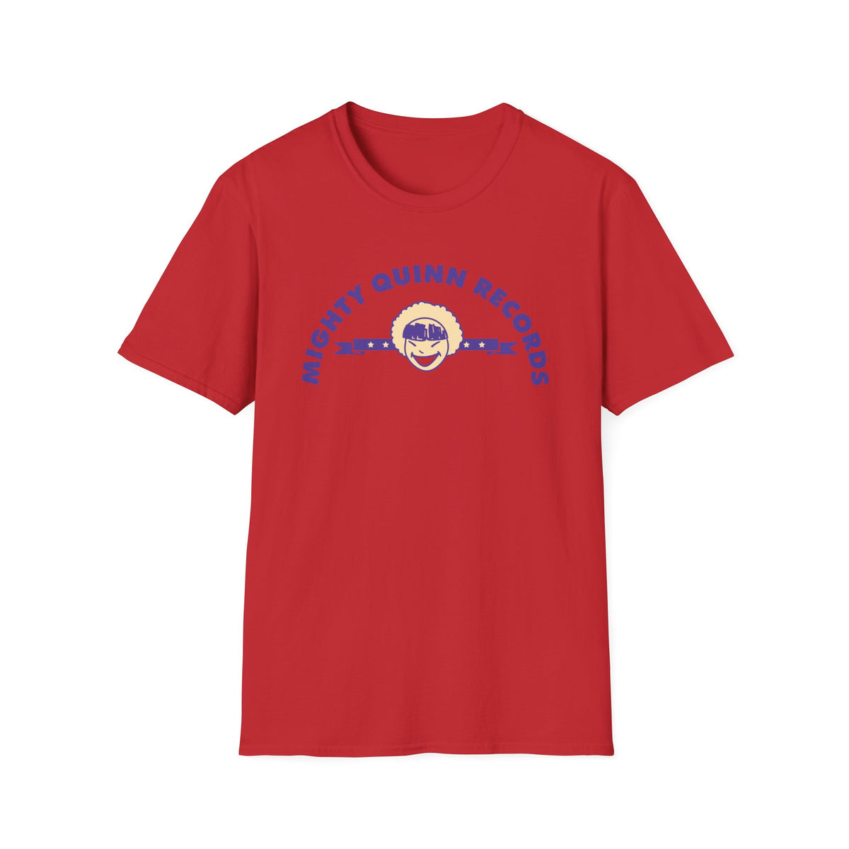Red t-shirt with blue text "MIGHTY QUINN RECORDS" and a cartoon face logo.