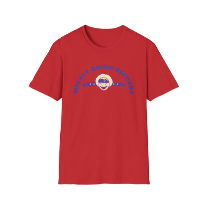 Red t-shirt with blue text "MIGHTY QUINN RECORDS" and a cartoon face logo.