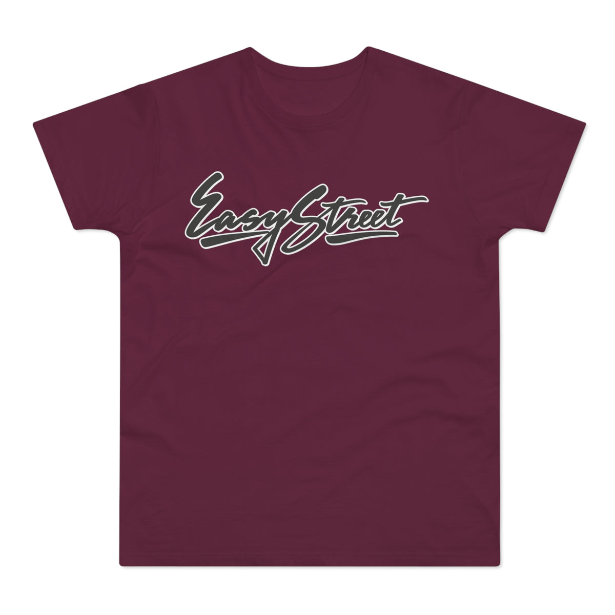 Maroon t-shirt with "Easy Street" in a stylized script font.