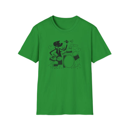 Green t-shirt with black silhouette of a drummer playing a drum set.