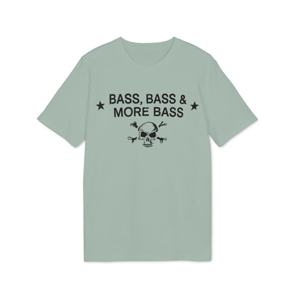 Light green t-shirt with black text "BASS, BASS & MORE BASS" and skull and crossbones graphic.