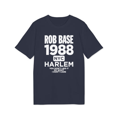 Navy t-shirt with "Rob Base 1988 NYC Harlem" and lyrics.