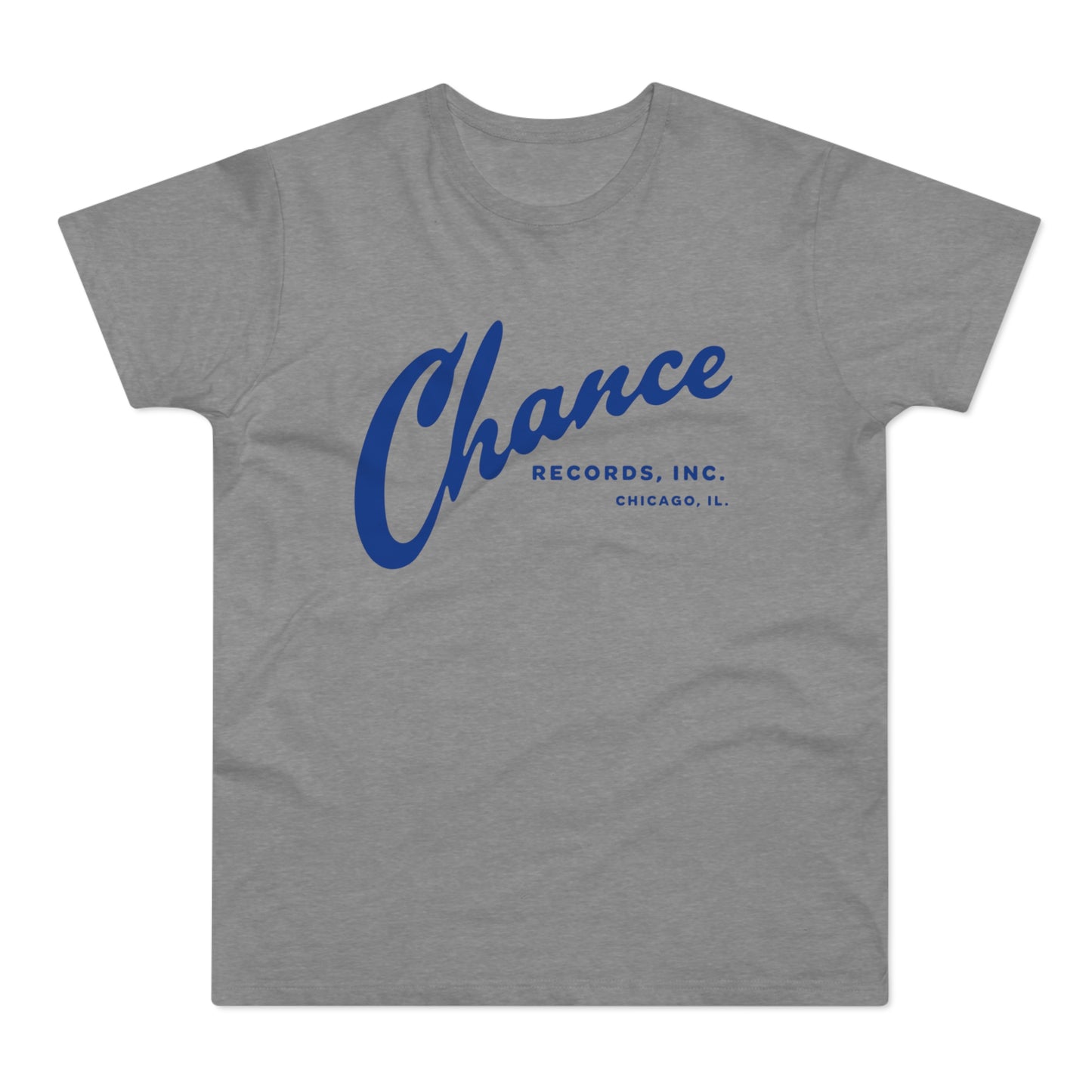 Grey t-shirt with blue "Chance Records, Inc. Chicago, IL." logo.