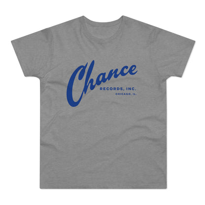Grey t-shirt with blue "Chance Records, Inc. Chicago, IL." logo.