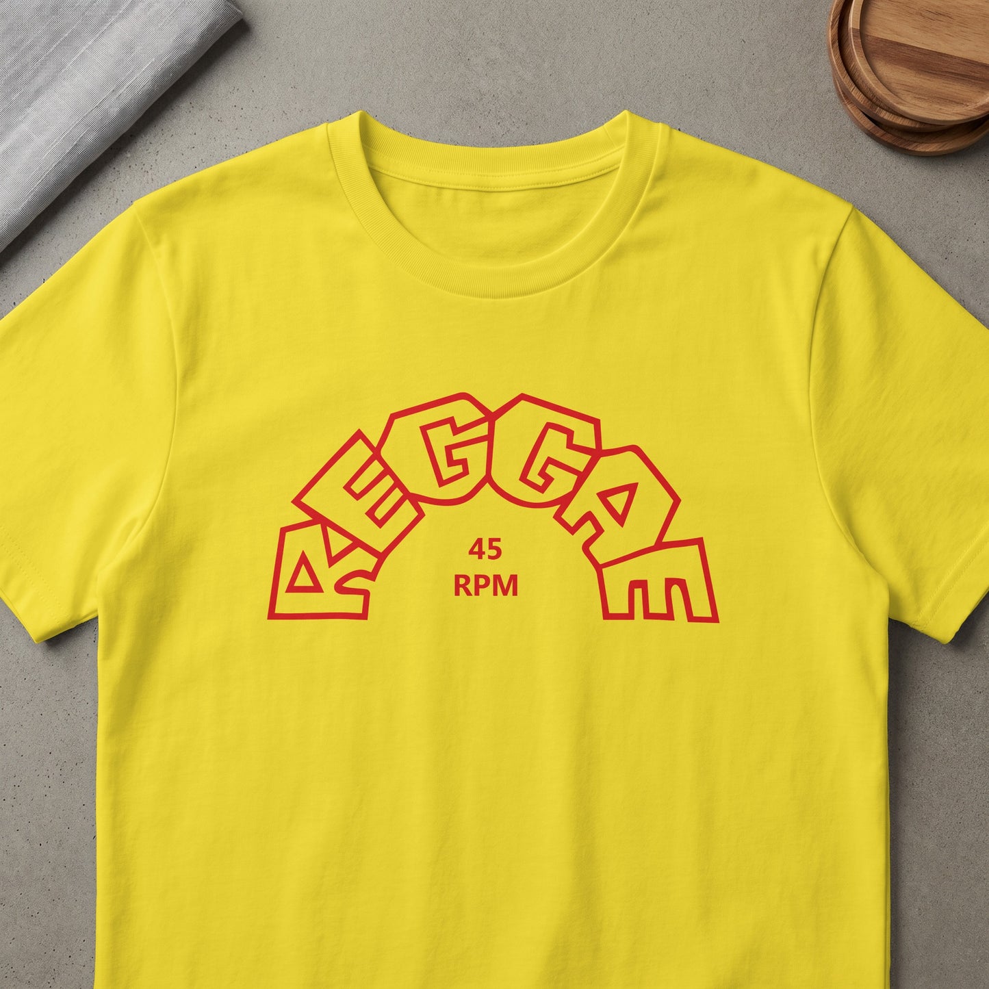 Yellow t-shirt with red "MEGGA 45 RPM" text in an arc.