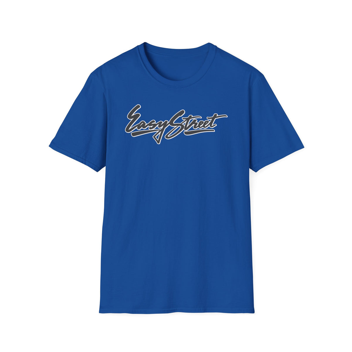 Blue t-shirt with "Easy Street" in cursive black and white lettering.