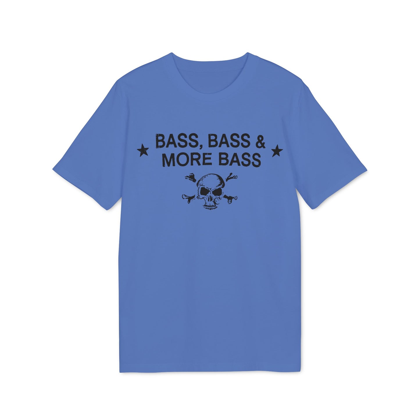 Blue t-shirt with black text "BASS, BASS & MORE BASS" and a skull.