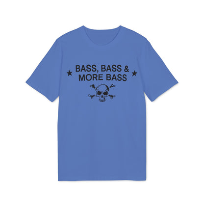 Blue t-shirt with black text "BASS, BASS & MORE BASS" and a skull.