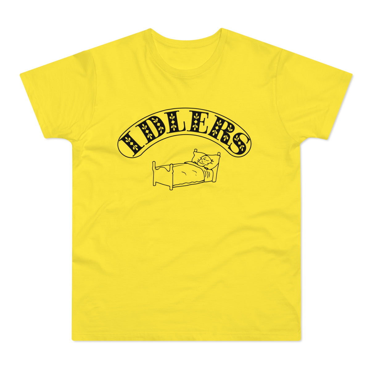 Yellow t-shirt with black graphic of a person in bed and text "FIDLERS".