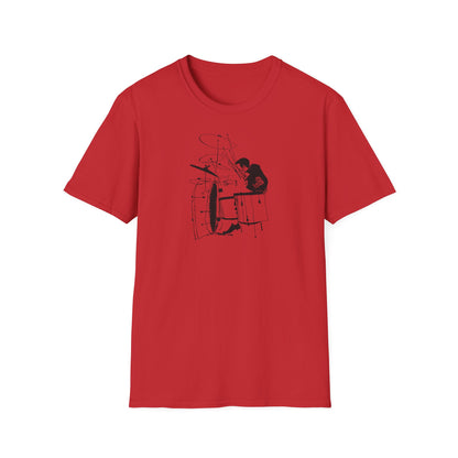 Red t-shirt with sketch of a drummer playing drums.