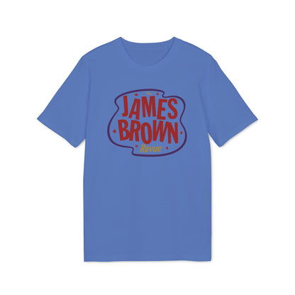 Blue t-shirt featuring red text "JAMES BROWN Revue" with stars.