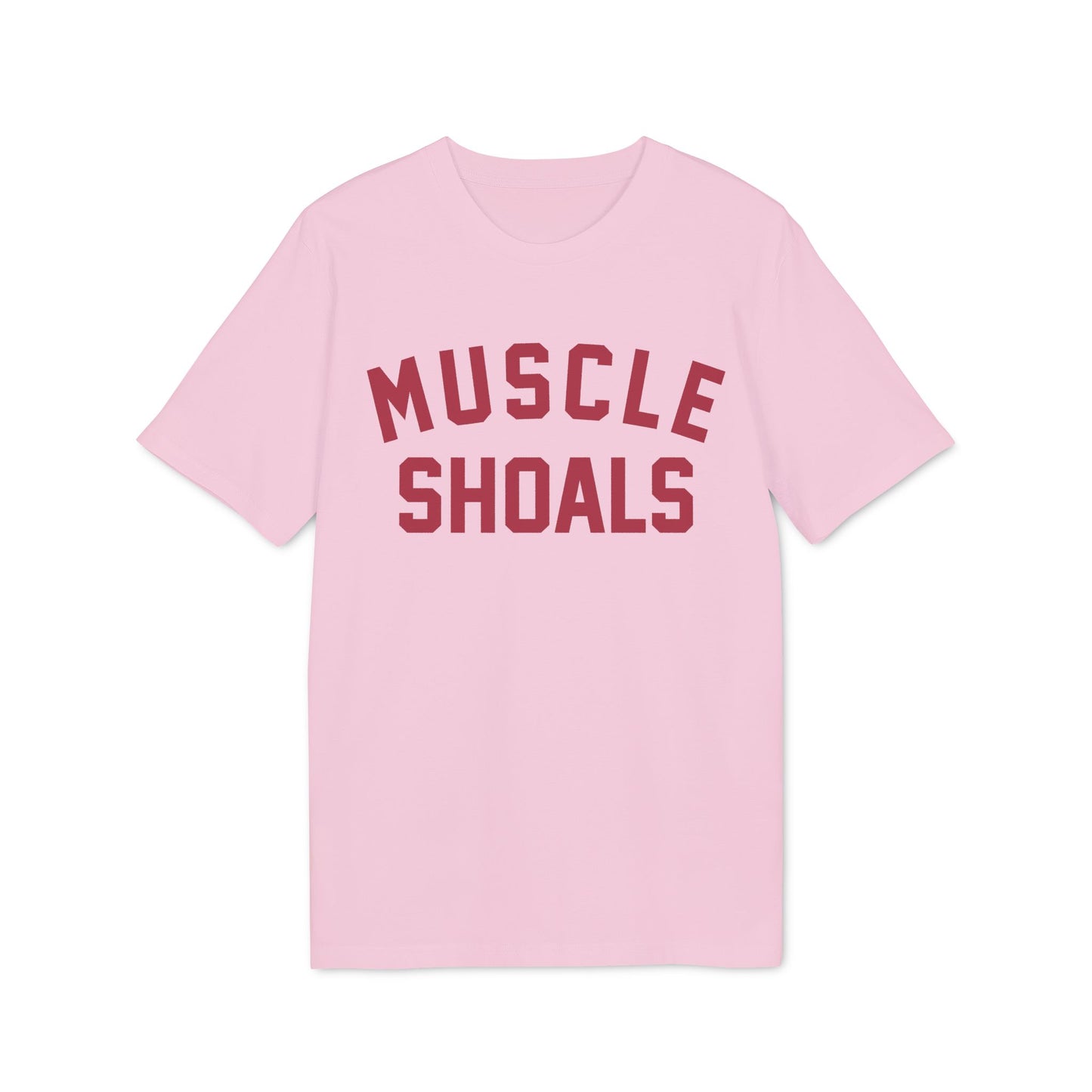 Pink t-shirt with maroon text that reads "MUSCLE SHOALS".