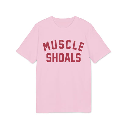 Pink t-shirt with maroon text that reads "MUSCLE SHOALS".