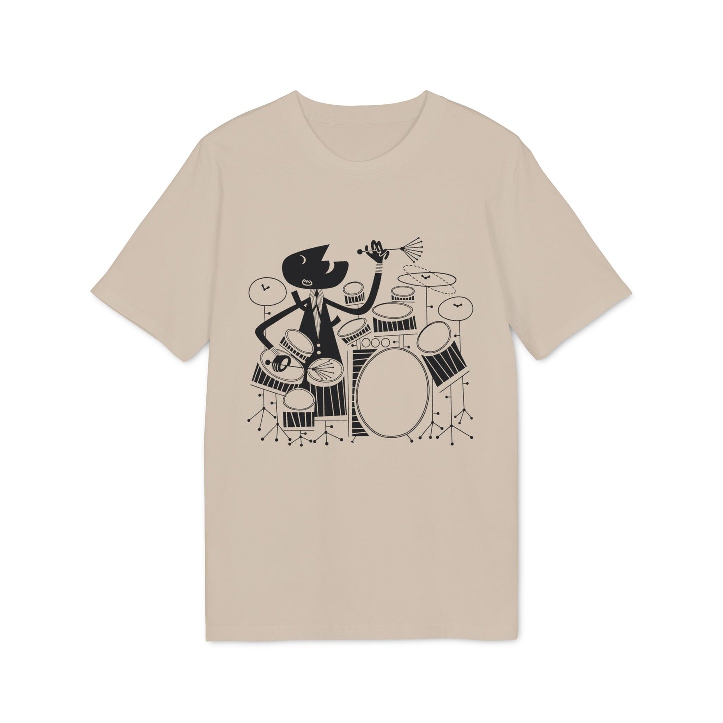 Black cartoon drummer in a suit playing a drum set on a beige t-shirt.