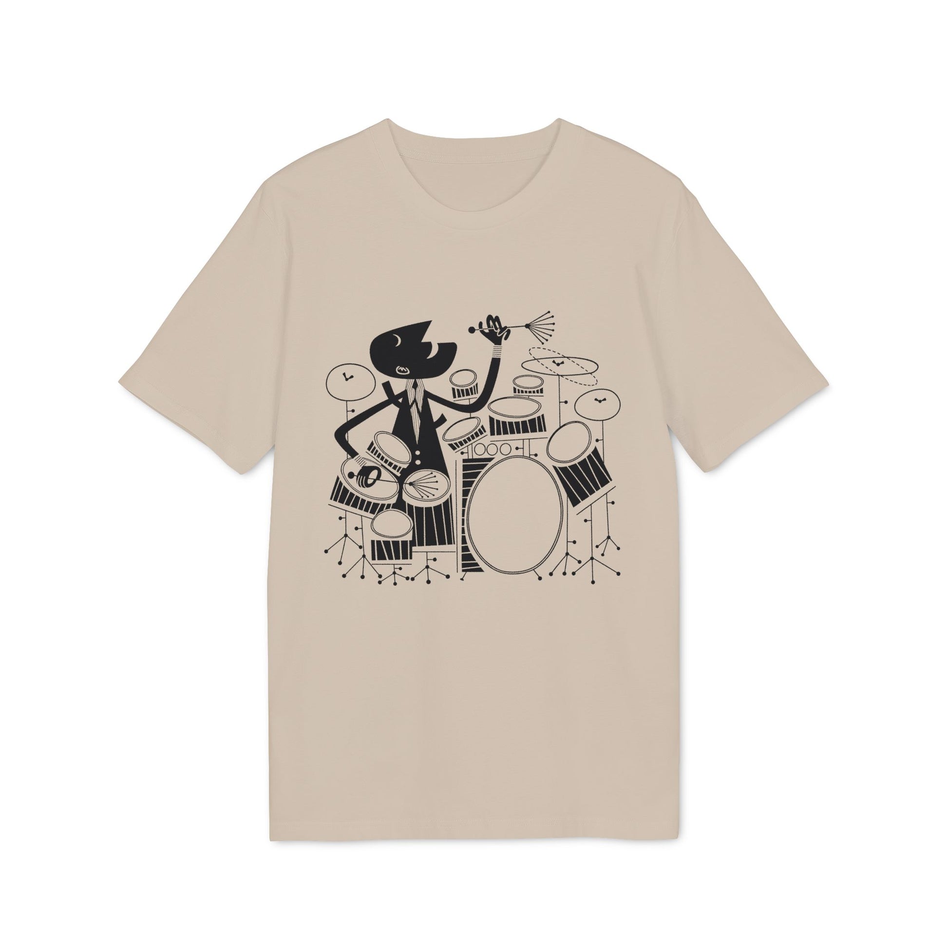 Black cartoon drummer in a suit playing a drum set on a beige t-shirt.