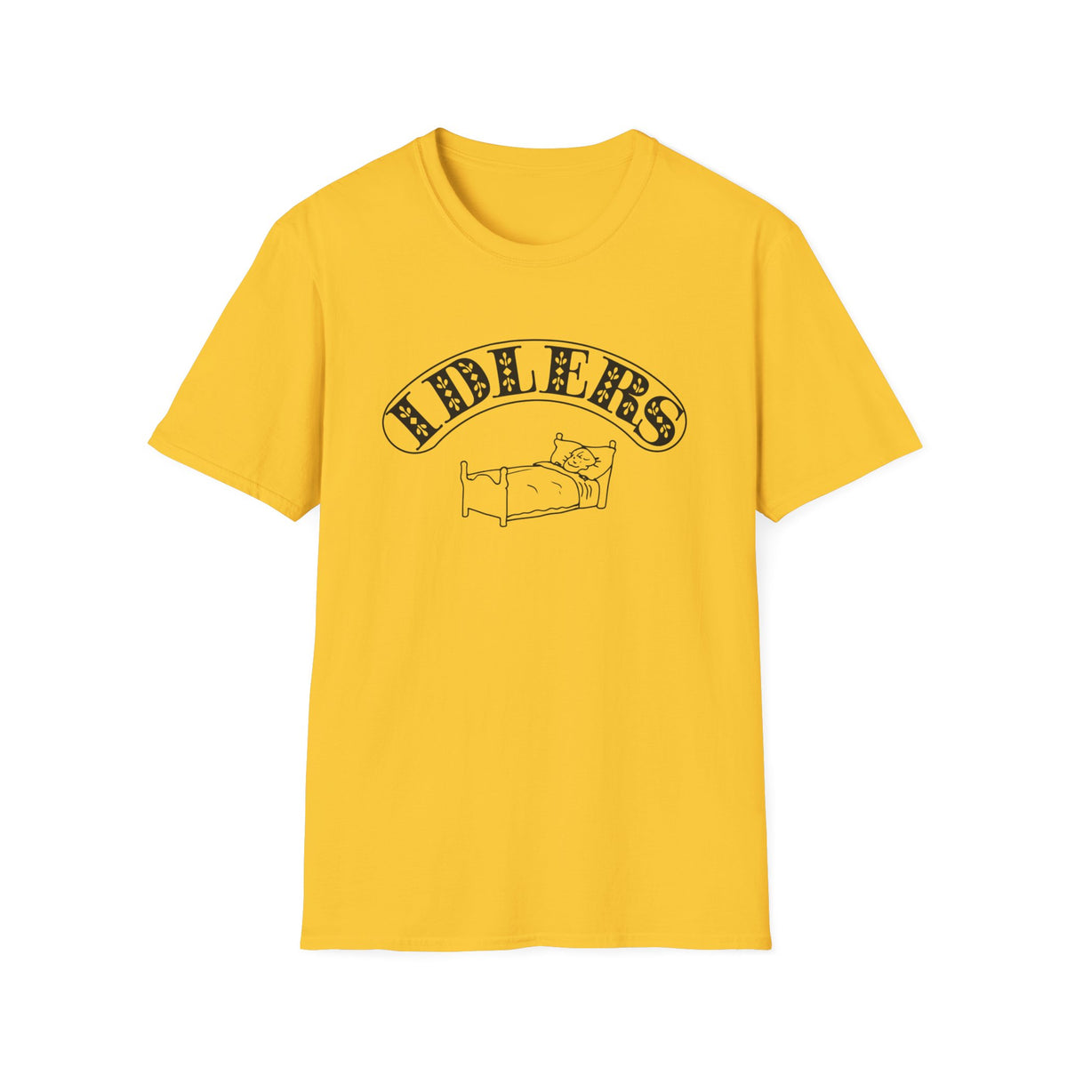 Yellow t-shirt with black text "FIDDLERS" and a drawing of a person in bed.